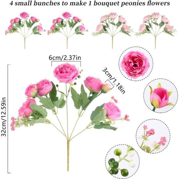 Artificial Peonies Silk Flowers, Pink Faux Peony Bouquet 4 Bundles Florals - Picture 6 of 6
